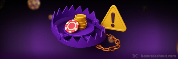 Illustration premium d’un piège violet avec des jetons de casino dorés, symbolisant les pièges cachés dans les bonus de casino.