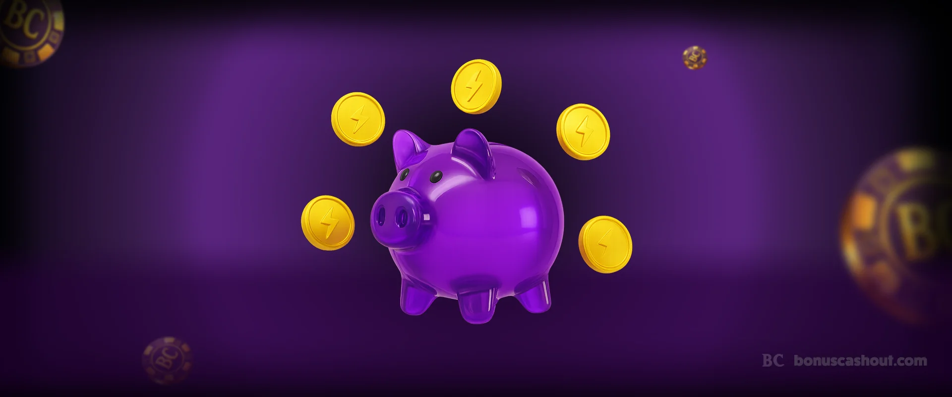 Tirelire cochon violette entourée de pièces dorées - gestion de bankroll casino.