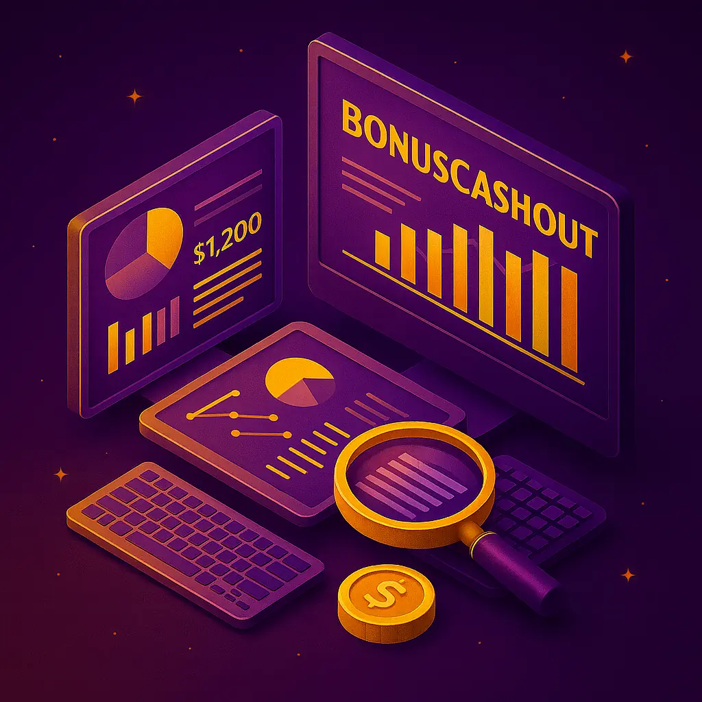 Illustration isométrique des outils d’analyse et de comparaison de BonusCashout