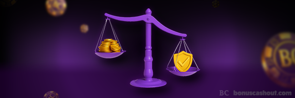 Balance violette représentant la neutralité de BonusCashout entre fiabilité et gains de casino.