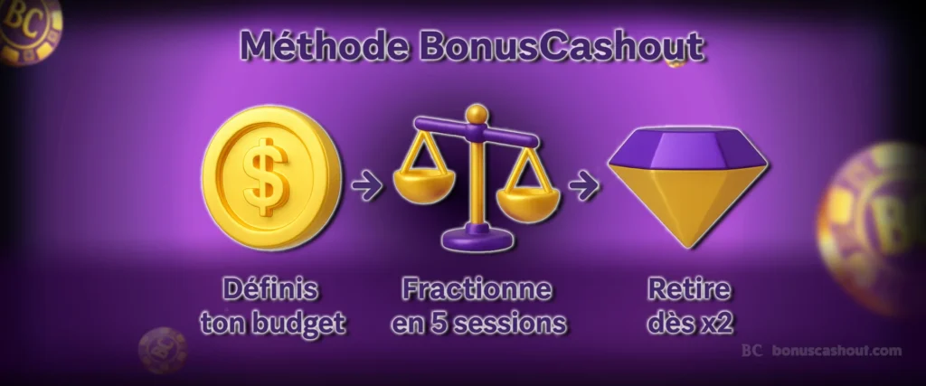 Infographie Méthode BonusCashout - Définis ton budget, fractionne en 5 sessions et retire dès x2 pour gérer ta bankroll casino.